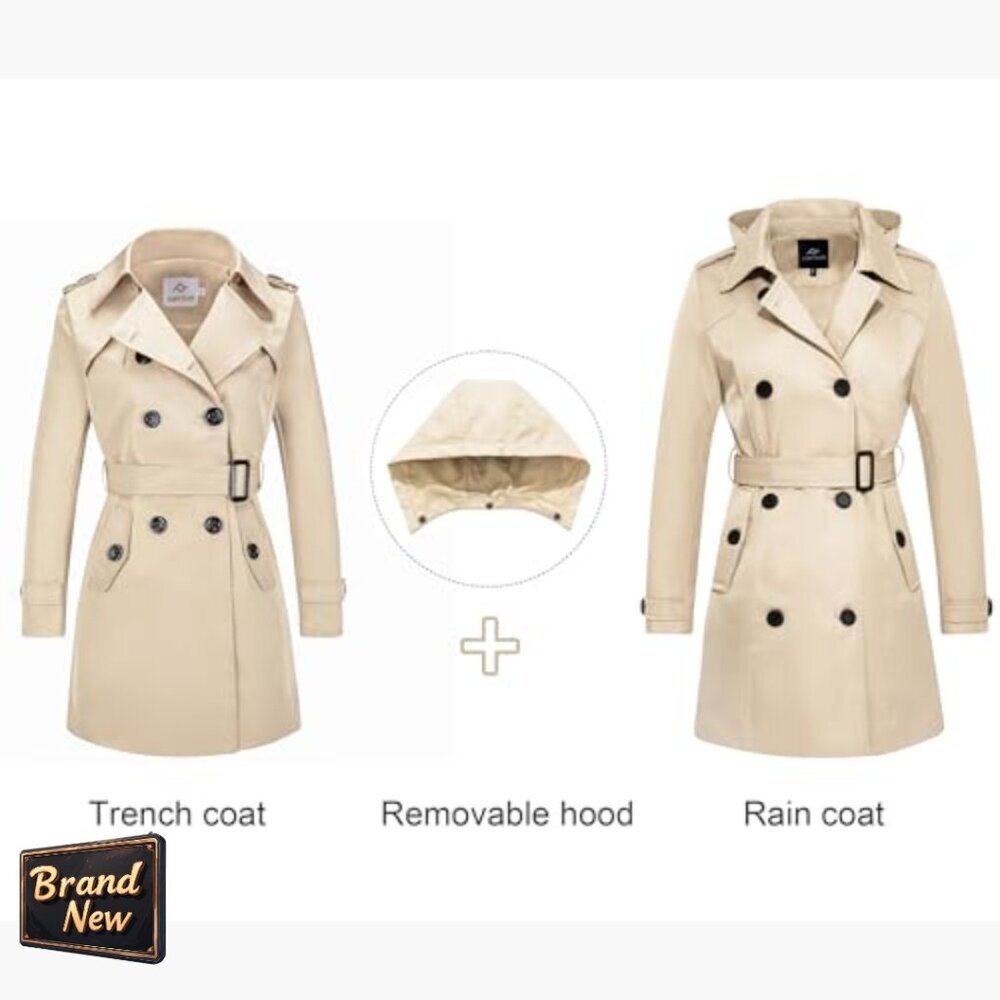 Waterproof Trench Coat with Removable Hood, Double Breasted, Belted Lapel - Picture 3 of 7